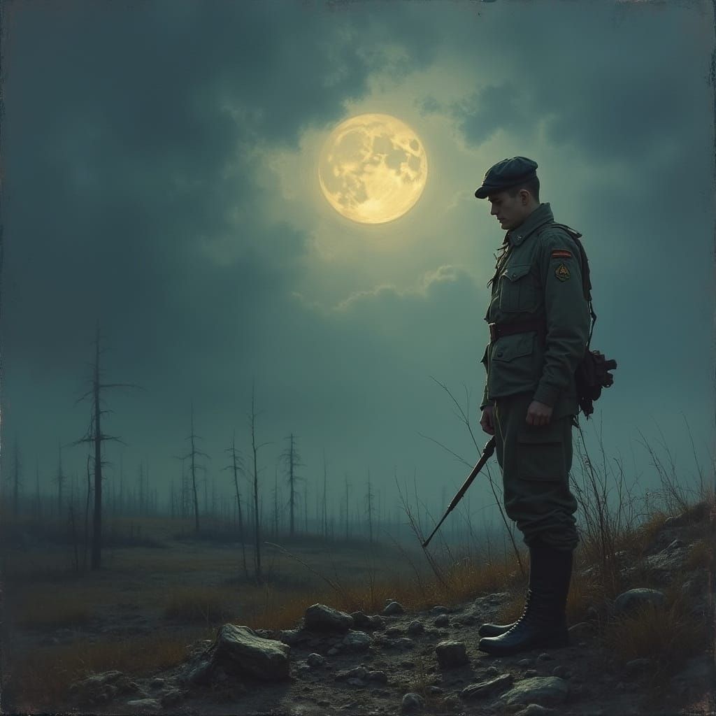 Private Ponders War on Desolate Battlefield Under Full Moon