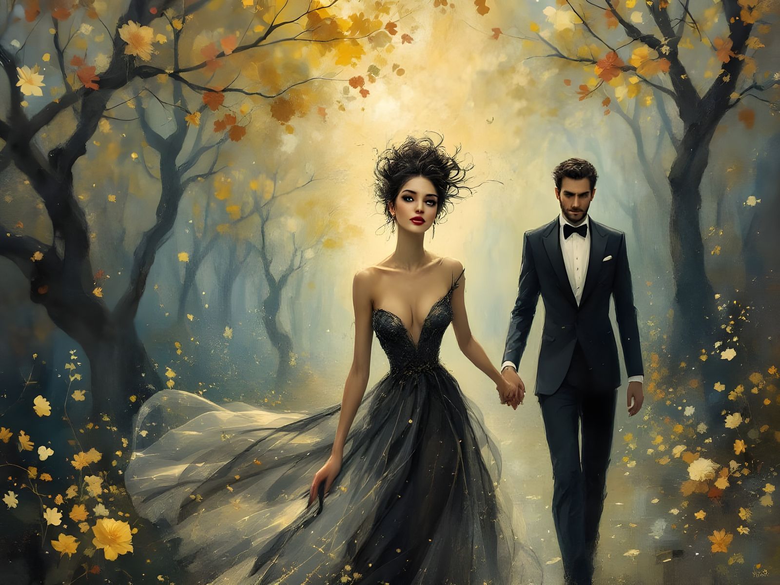 Elegant Couple Strolls in Central Park