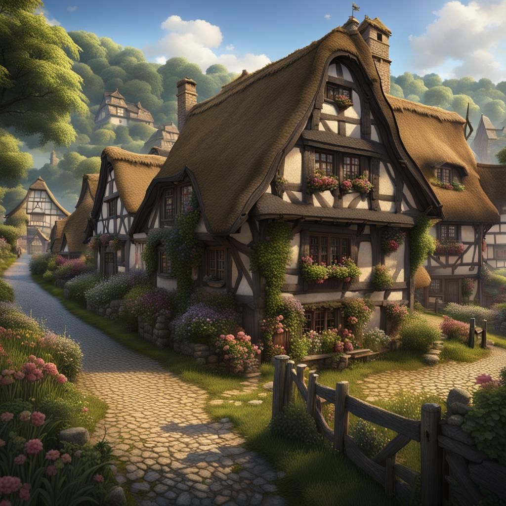 Charming Village with Thatched Roofs: Fantasy Art