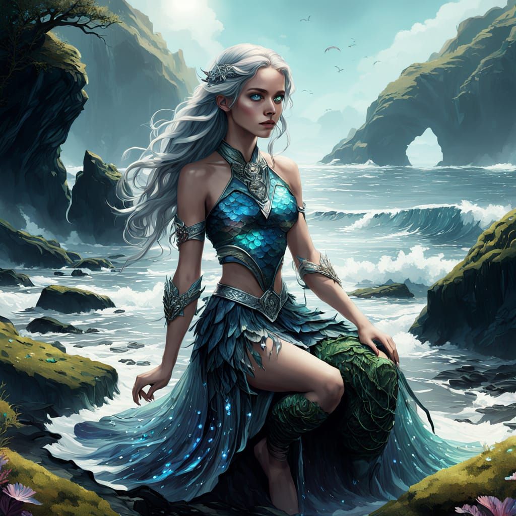 Enchanting Siren Singer in Dreamlike Seaside Scene