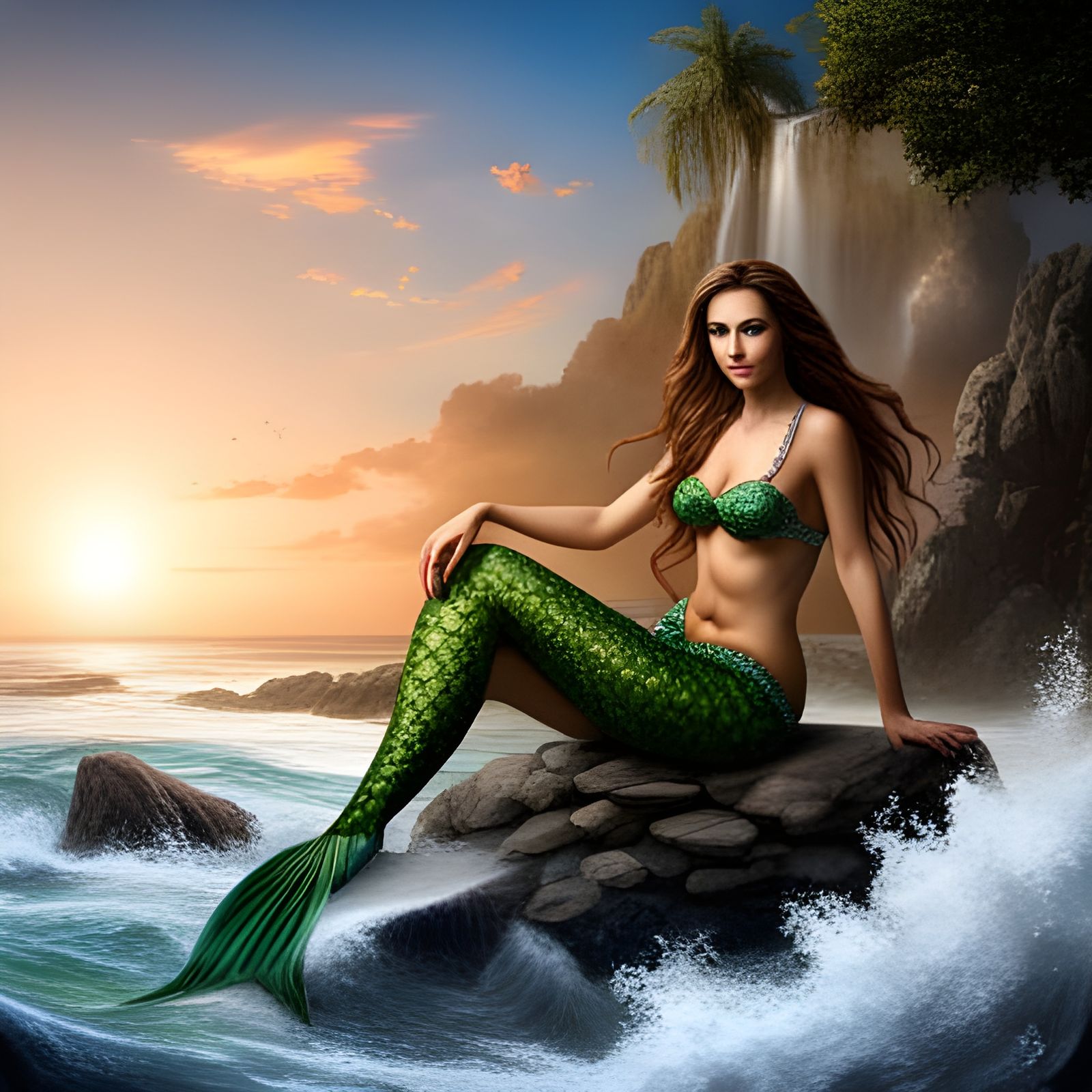 Photorealistic Mermaid with Shimmering Green Tail
