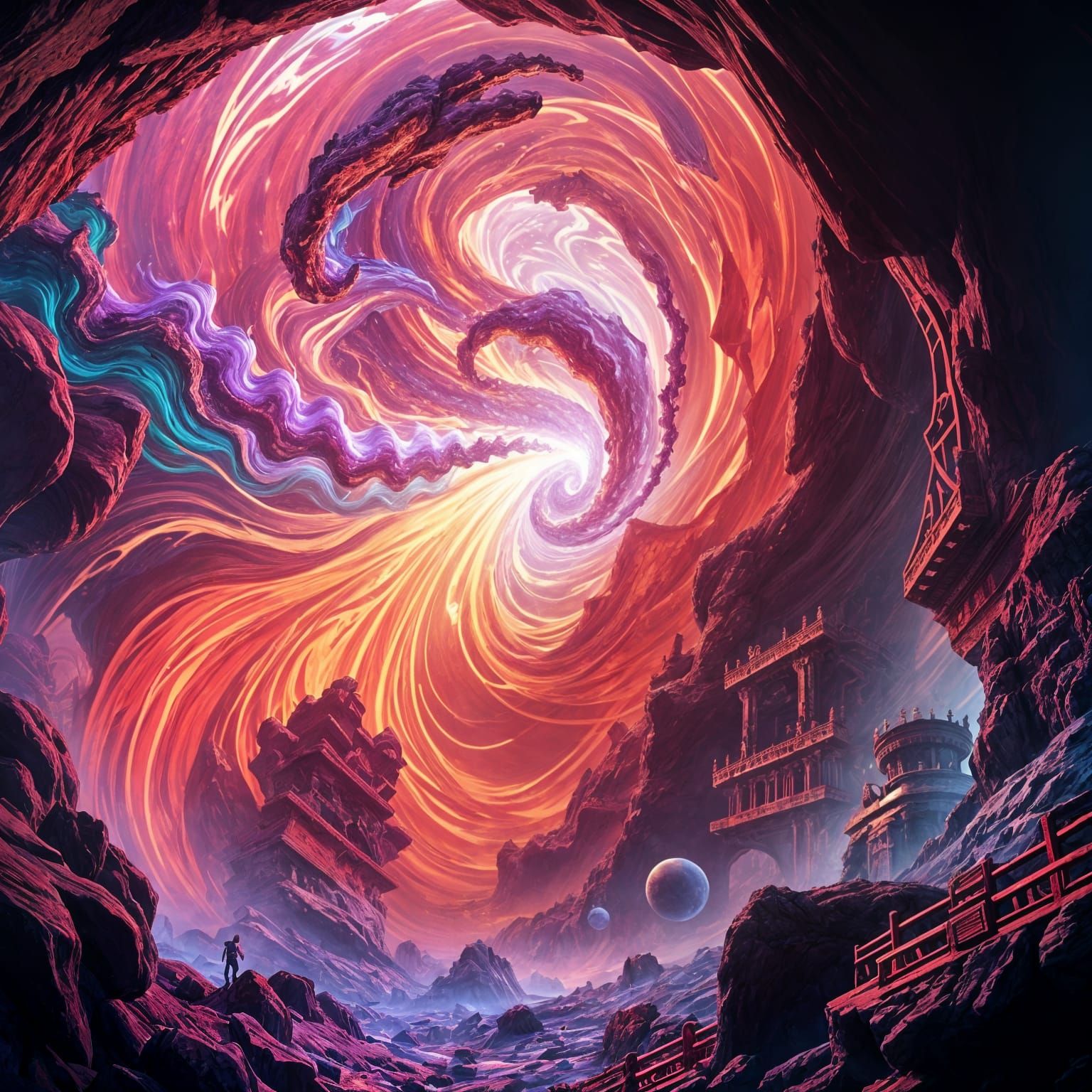 Cyberpunk Dreamscape in Vivid, Swirling Colors