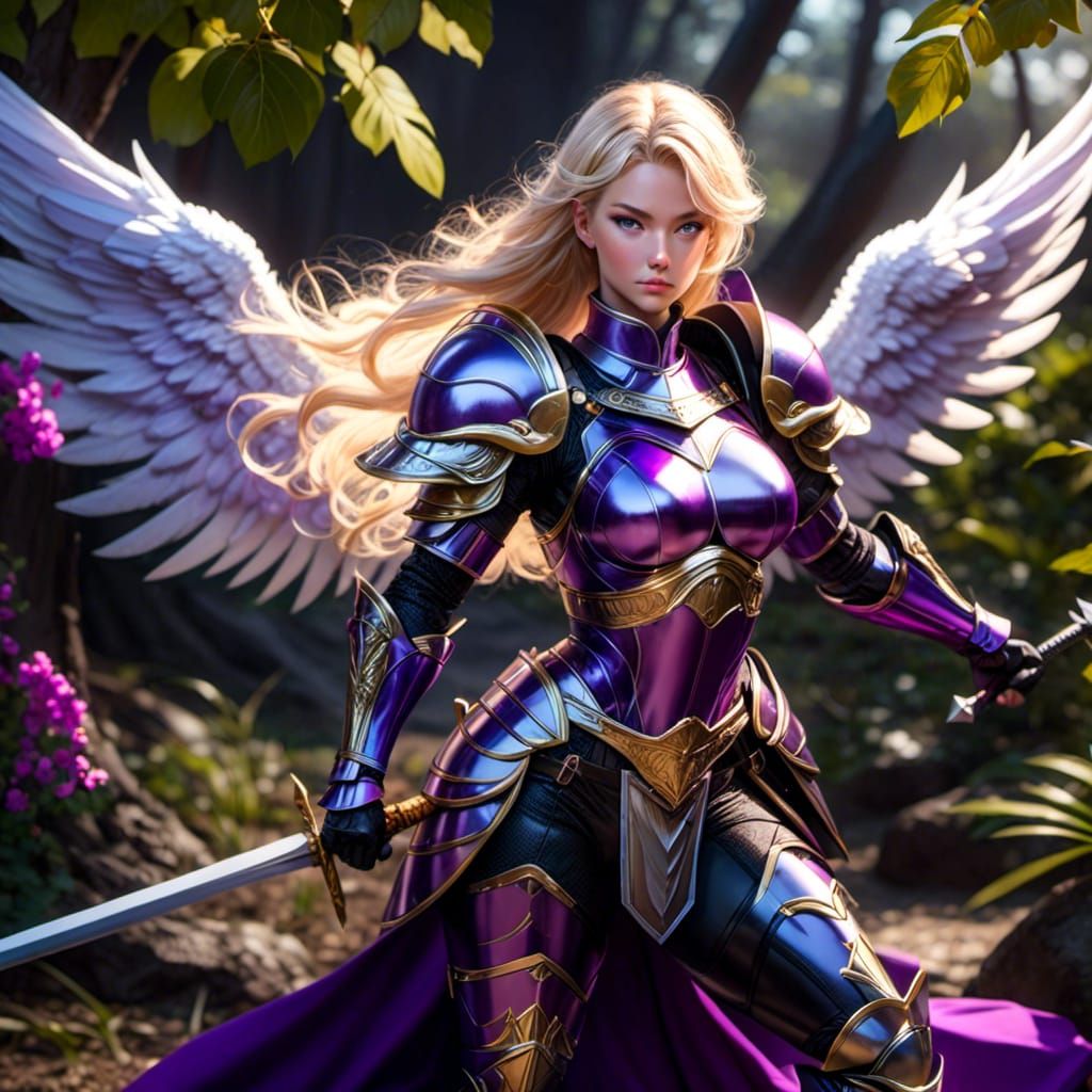 Female Knight with Angel Wings in Neon Armour