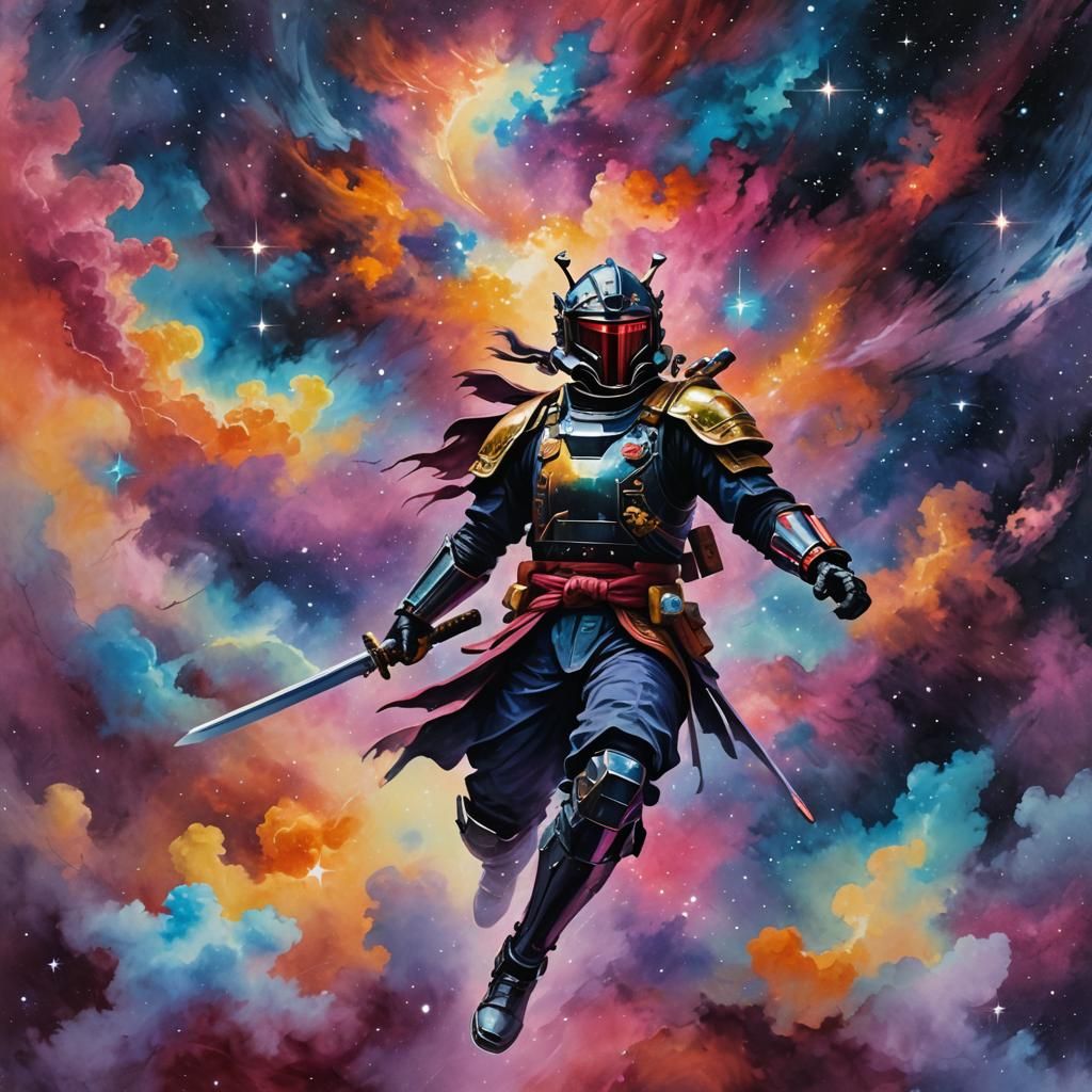 Space Samurai in Gouache Style Before Nebula