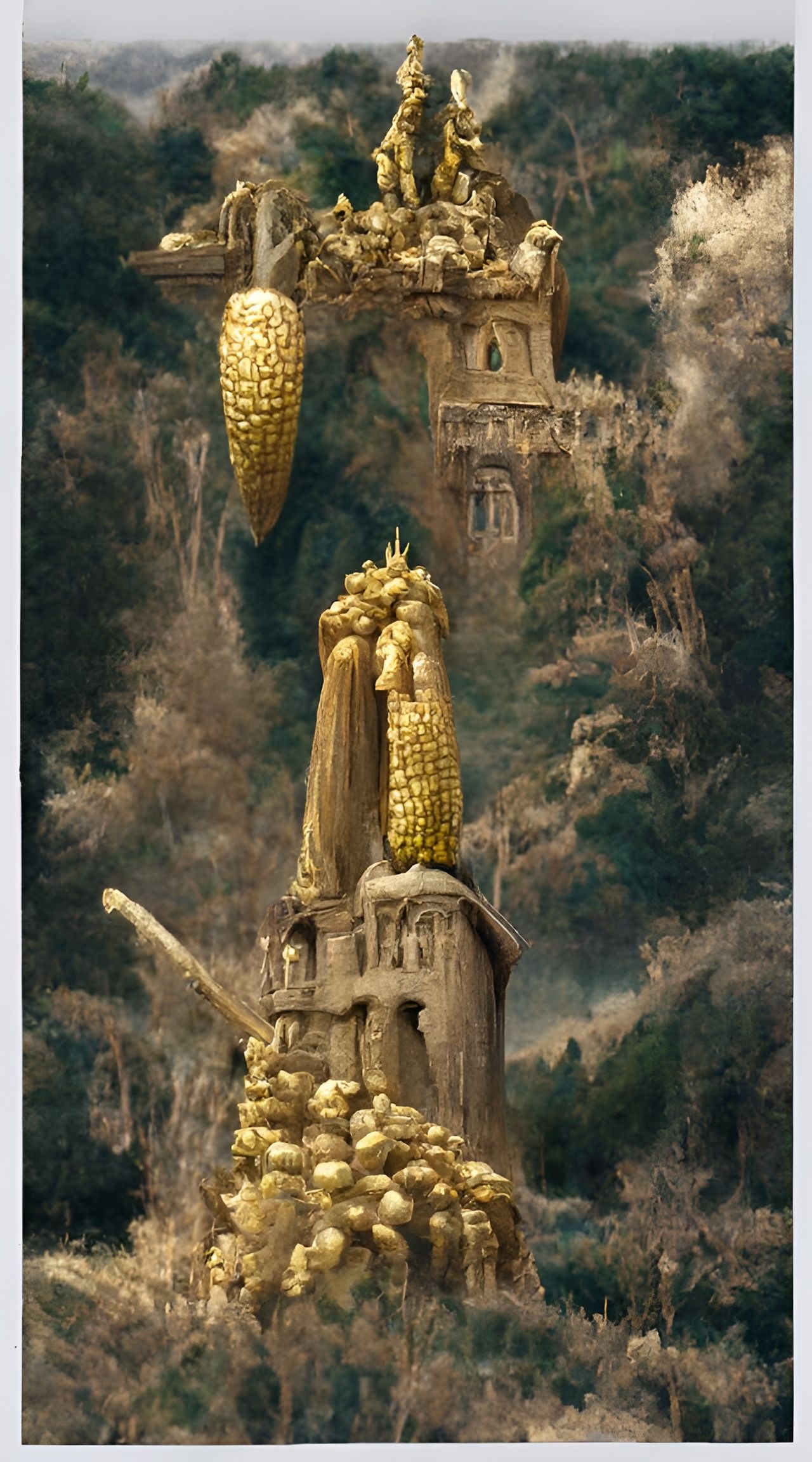 Corn Cob Castles in Lush Fantasy Landscape