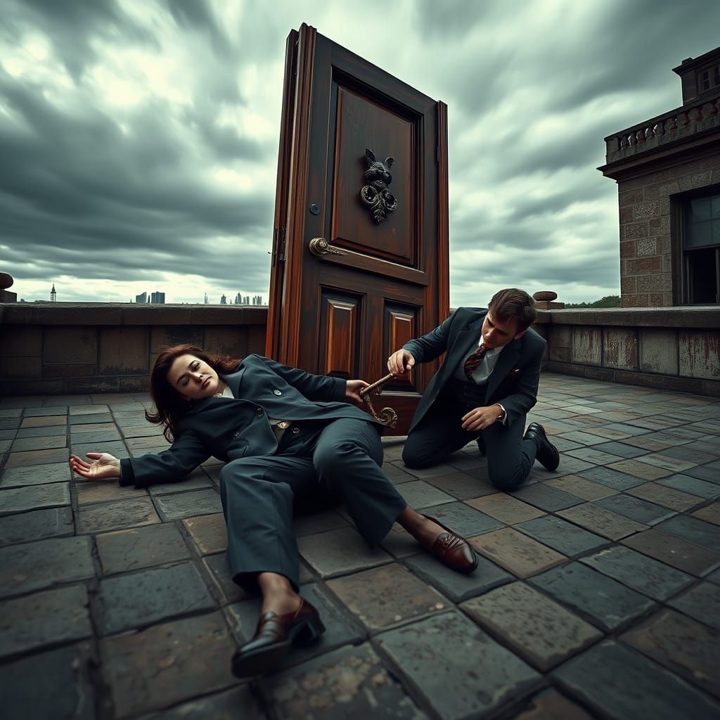 Surreal Rooftop Scene with Figures in Twilight