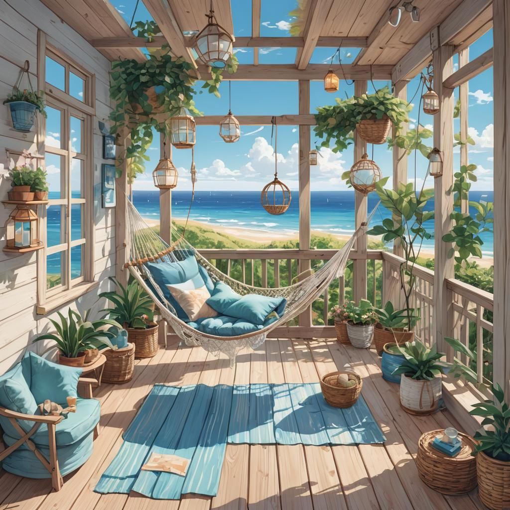 Cozy Beach House Porch in Anime Style