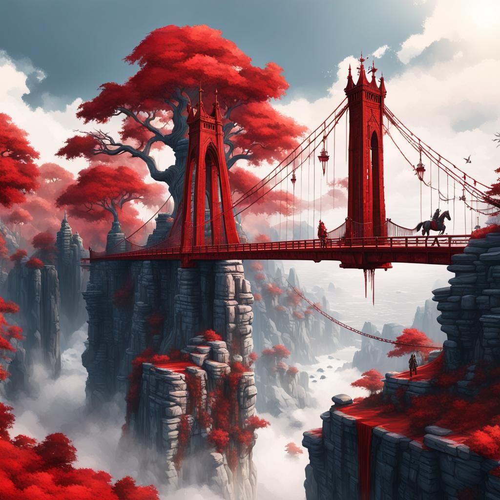 Red Suspension Bridge with Horse Warrior, Watercolor