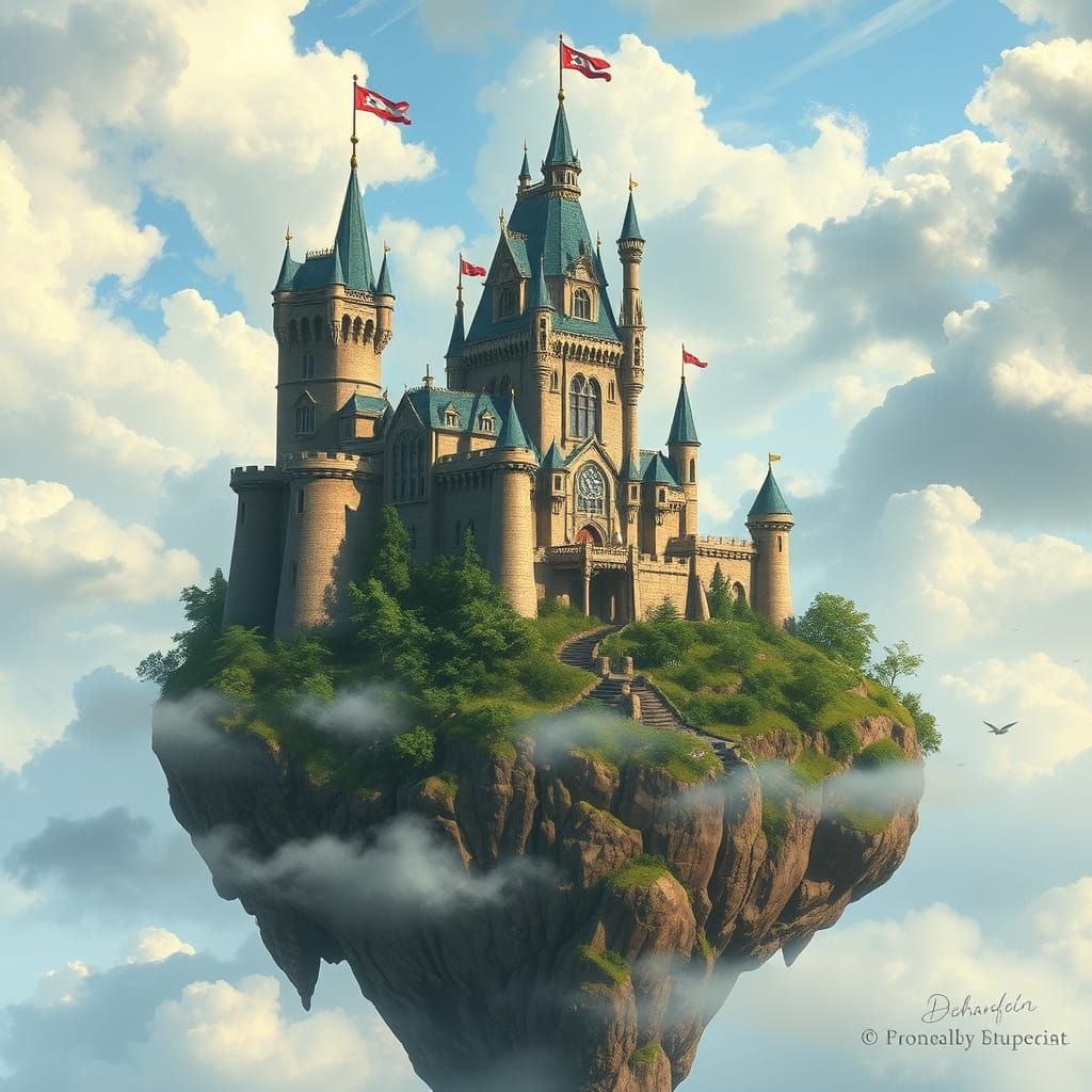 Floating Island Castle in Retro-Futuristic Style