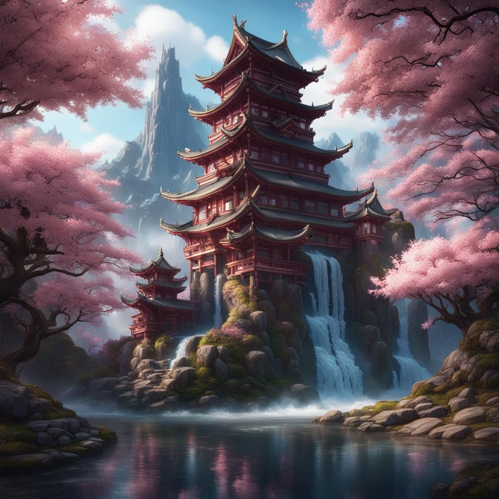 Nine-Tailed Fox in Cherry Blossom Castle