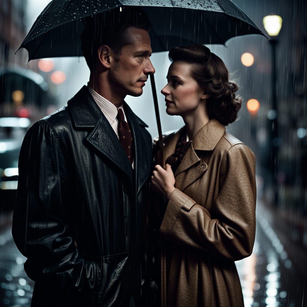 1940s Couple in the Rain: Photo-Realistic Street Scene
