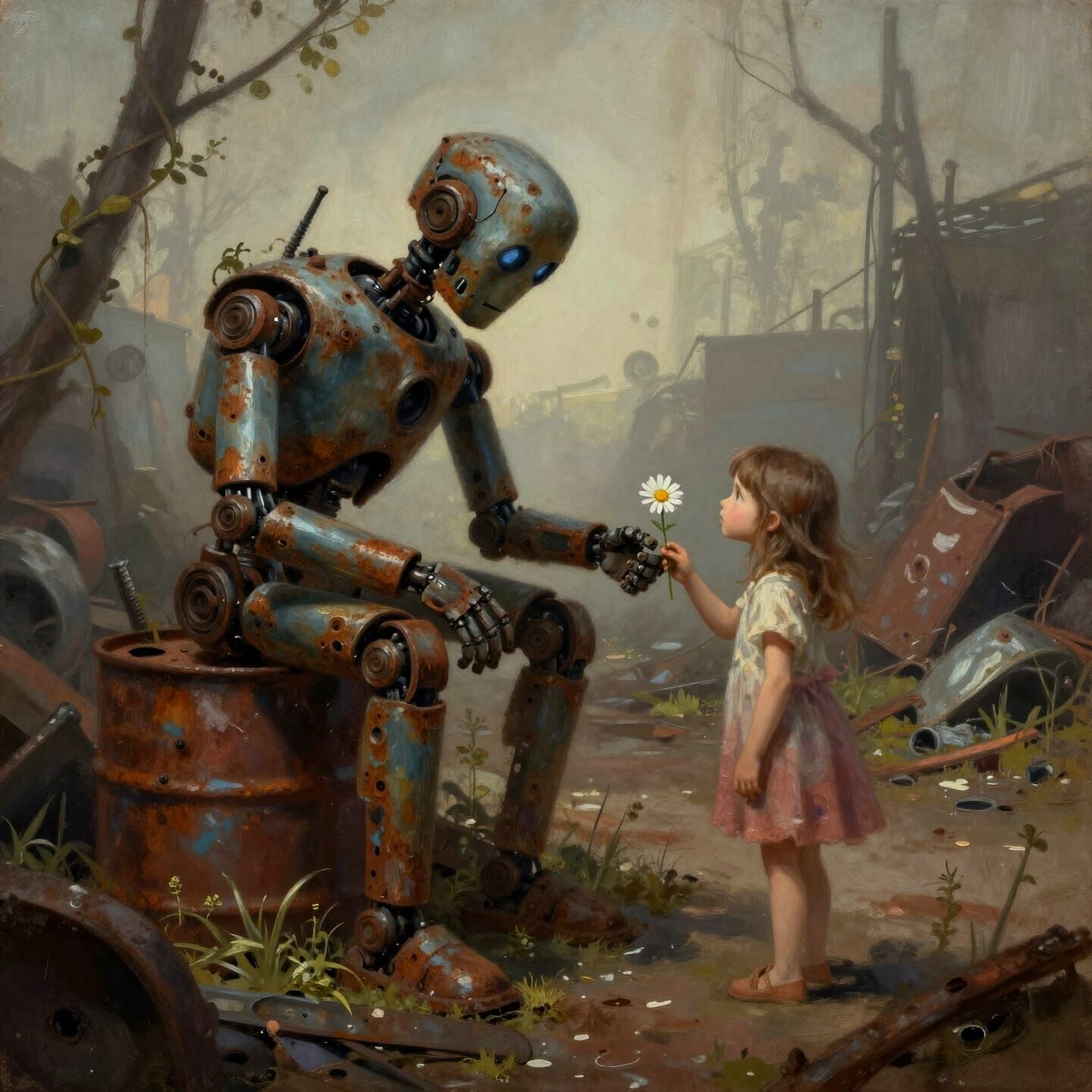 Robot and Girl in Post-Apocalyptic Scrapyard