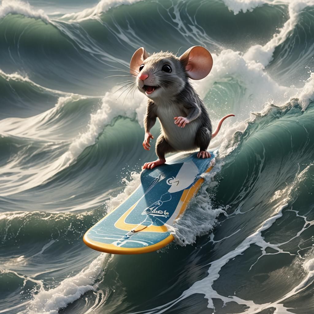 Muscular Mouse Surfing a Giant Wave in Hyperrealism