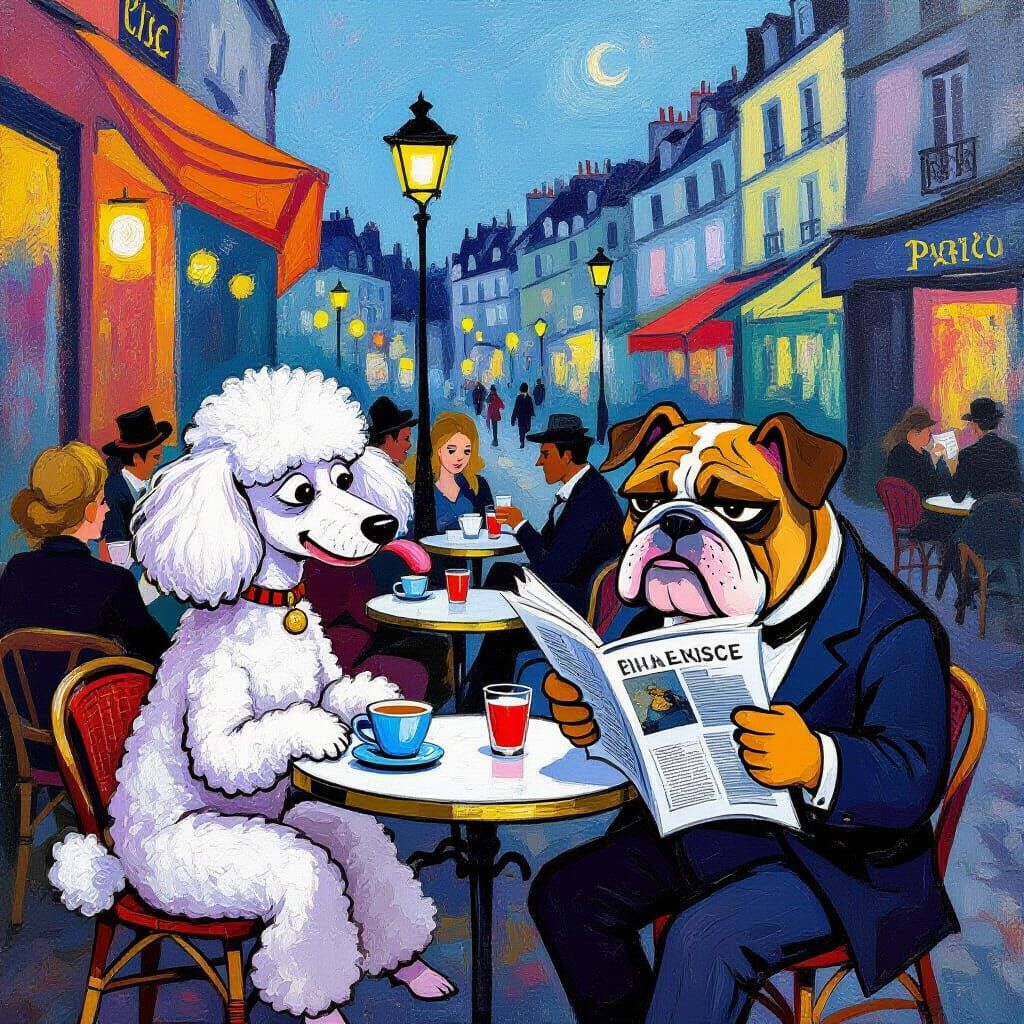 Whimsical Animal Patrons in a Parisian Cafe Twilight Scene