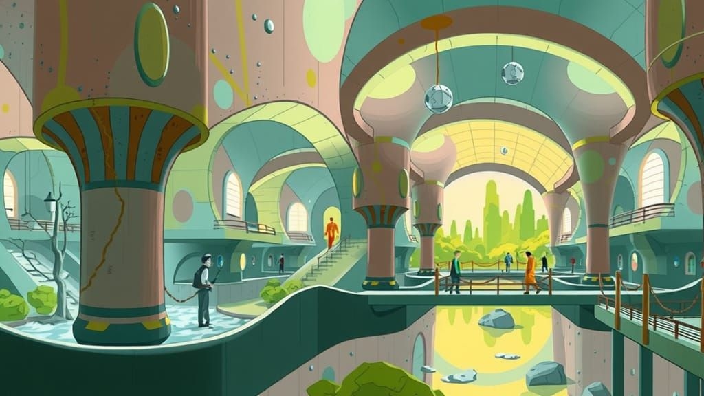 Subterranean City with Light Columns and Waterfalls