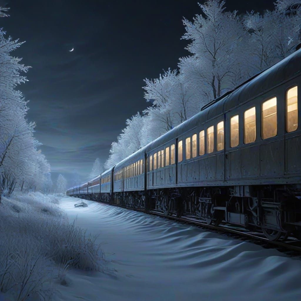 Steampunk Train Journey Through Frosty Snowy Night Landscape