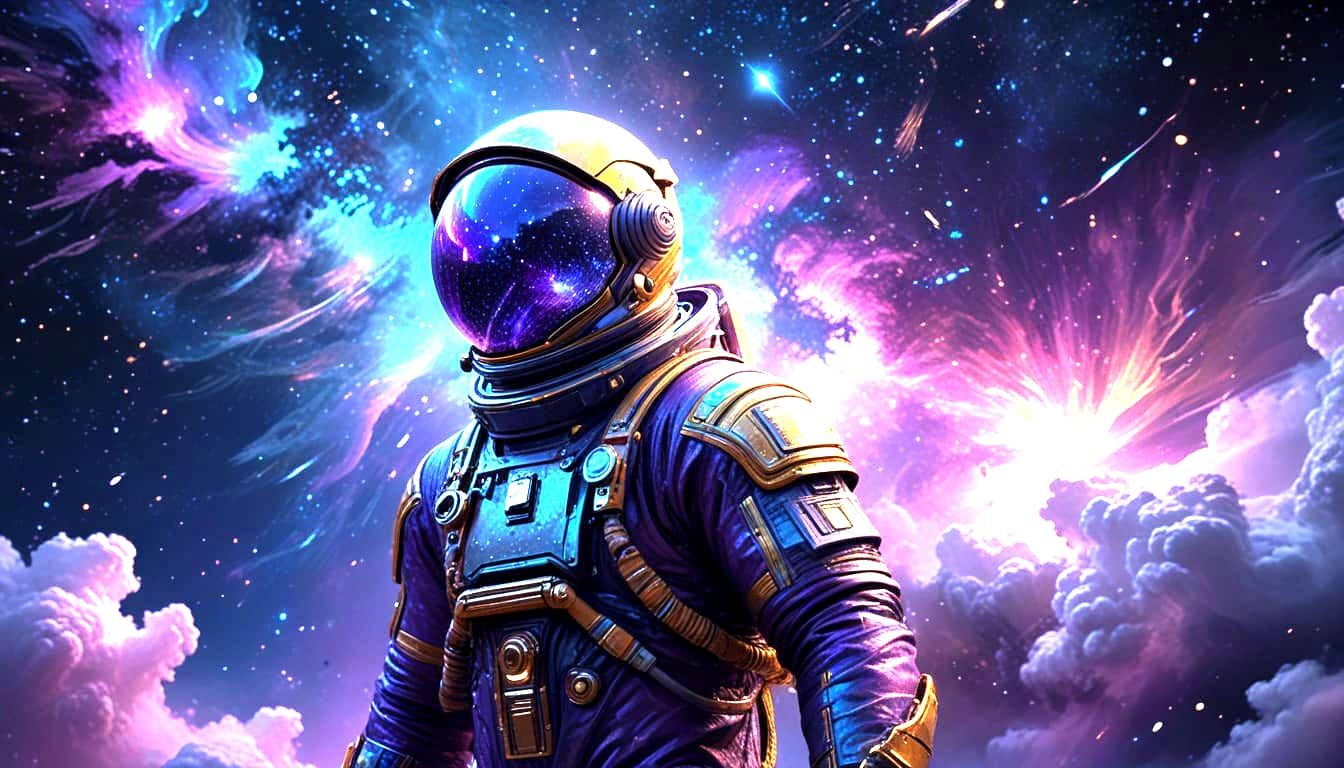 Lone Astronaut Drifts Through a Vibrant Galaxy