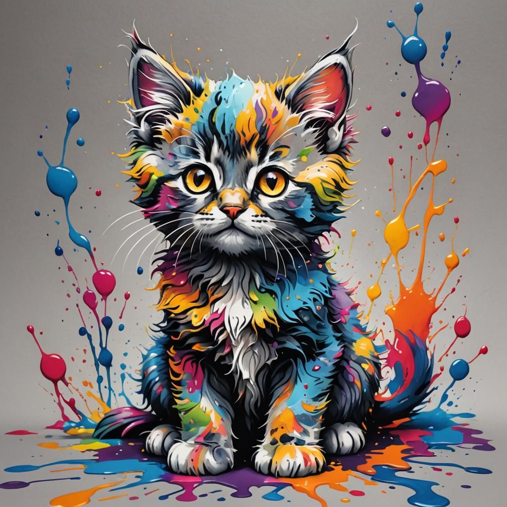 Colorful Kitten Ink Drawing with Splash Art Effects