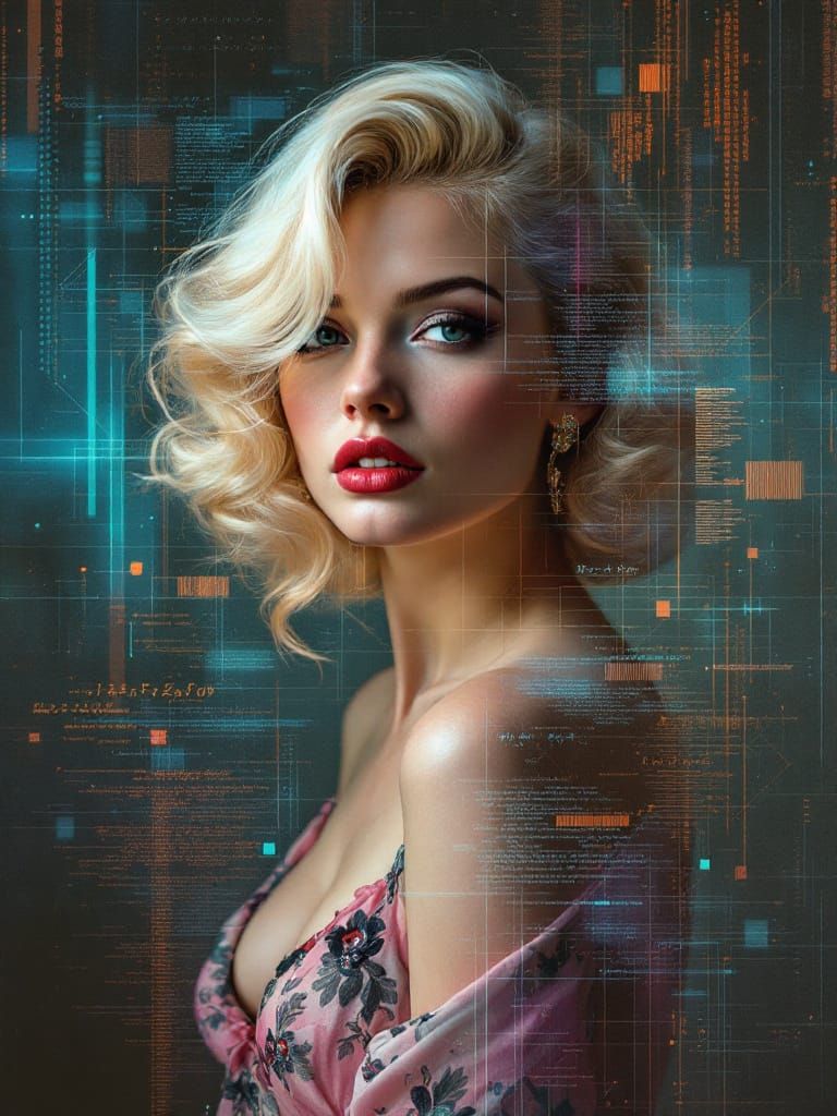 Glitch Photography of Pin-Up Woman with Digital Artifacts