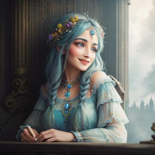 Mystical Smiling Lady in Ethereal Cloud Town