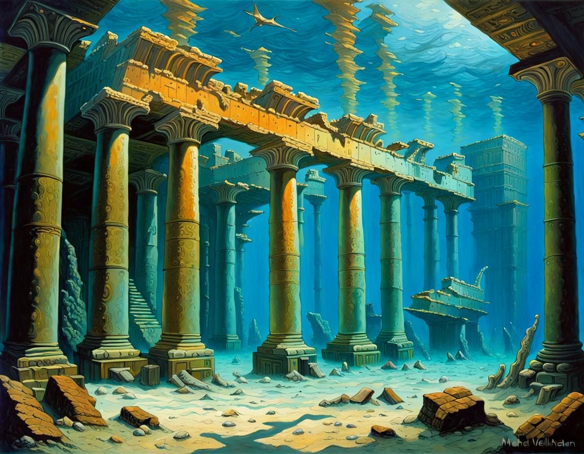 Atlantis Underwater City Ruins in Oil Painting Style