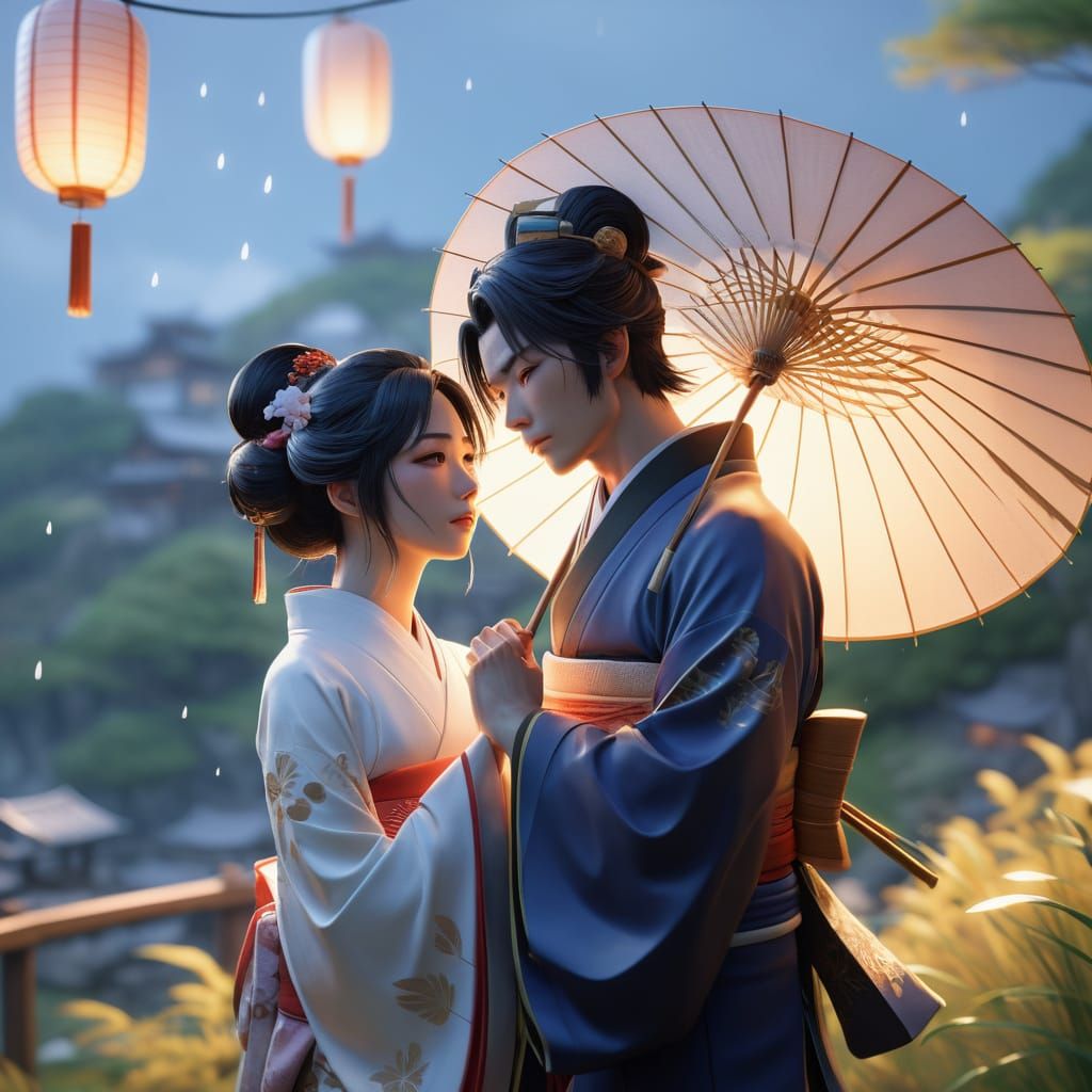 Japanese Watercolor Anime: Geisha and Boy Share Tender Momen...