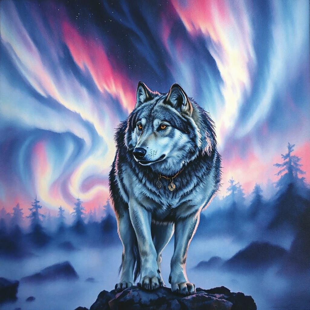 Noble Wolf Silhouetted Against Aurora in Ethereal Watercolou...