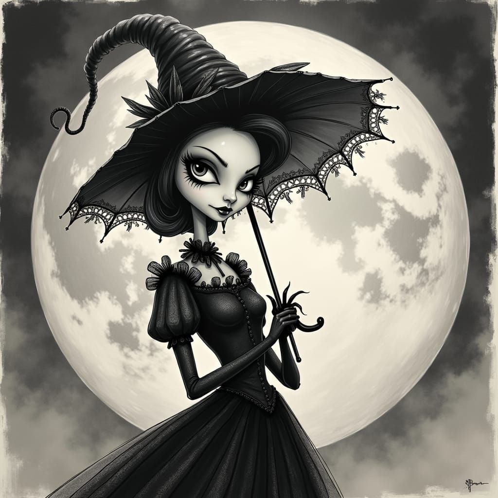 Gothic Girl with Whimsical Umbrella in Burtonesque Style