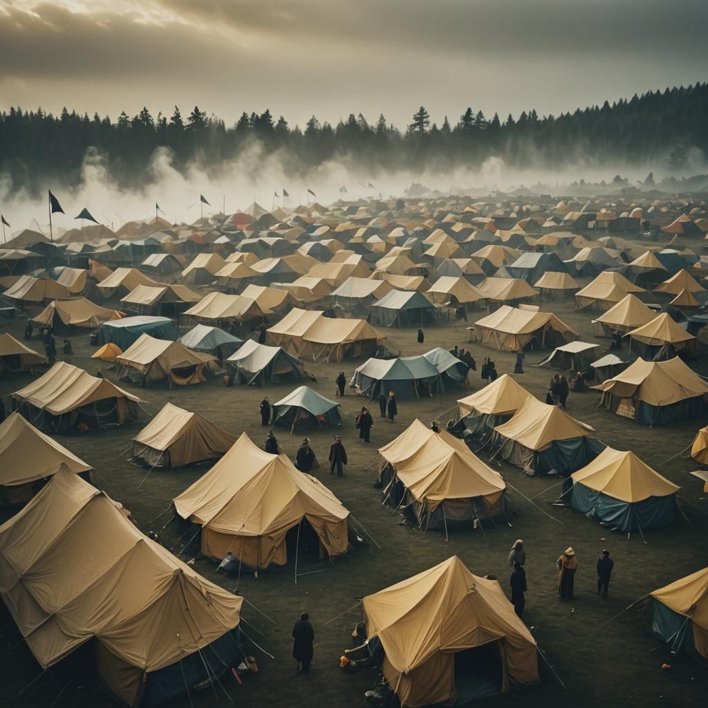 Mystical Ancient Tents in Fog, Cinematic Still