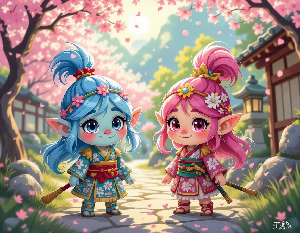 Magical Japanese Trolls in Sakura Sunlight