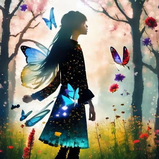 Fairy Silhouette with Butterflies and Wildflowers