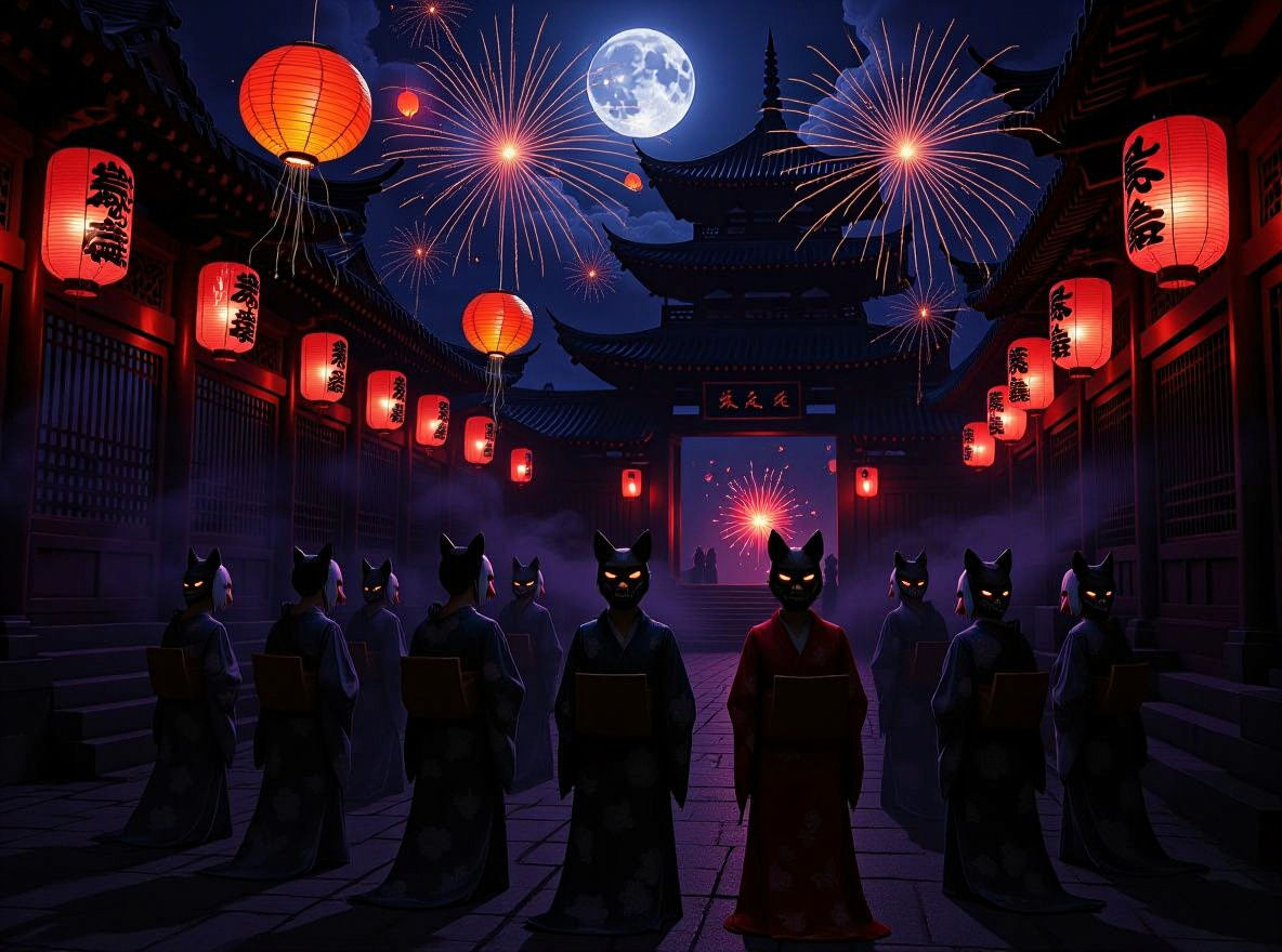 Haunting Temple Courtyard with Masked Spirits