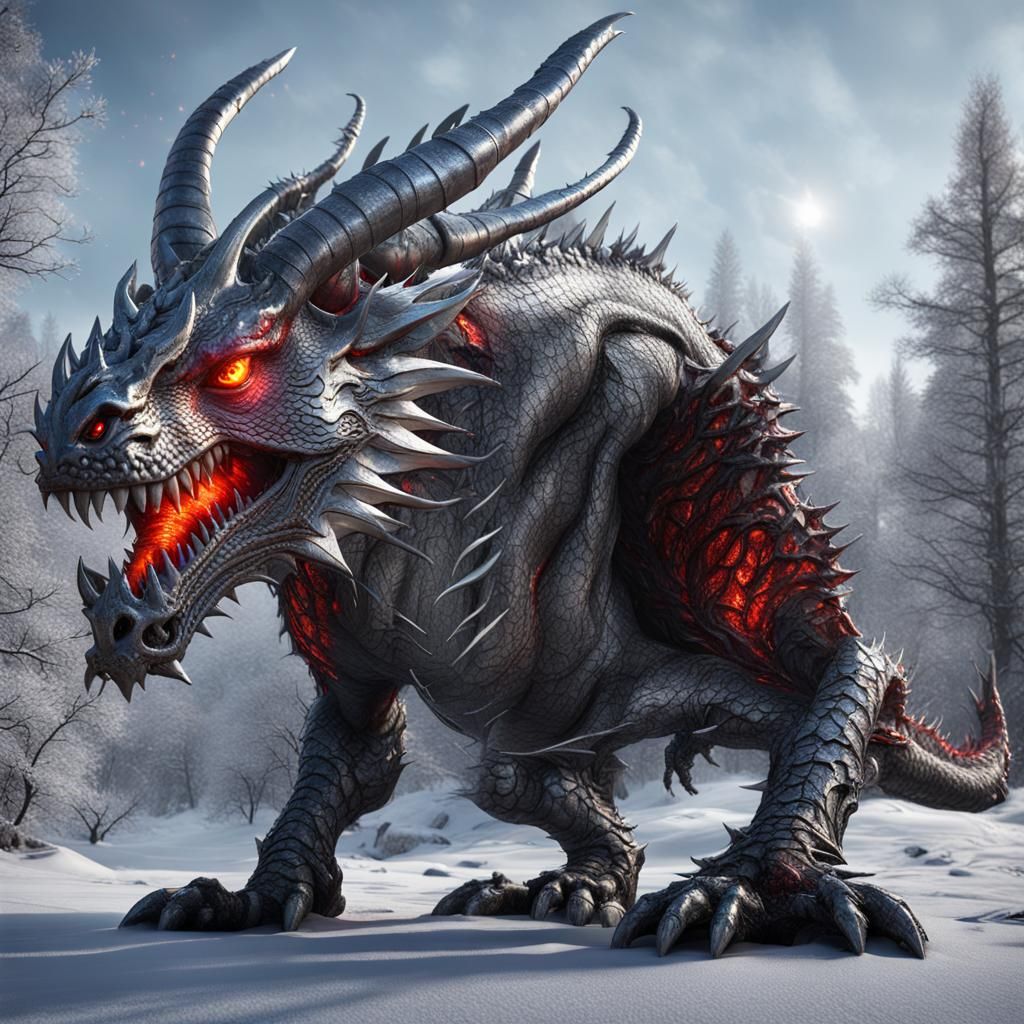 Giant Metal Dragon in Snowy Woodland: Unreal Engine 5