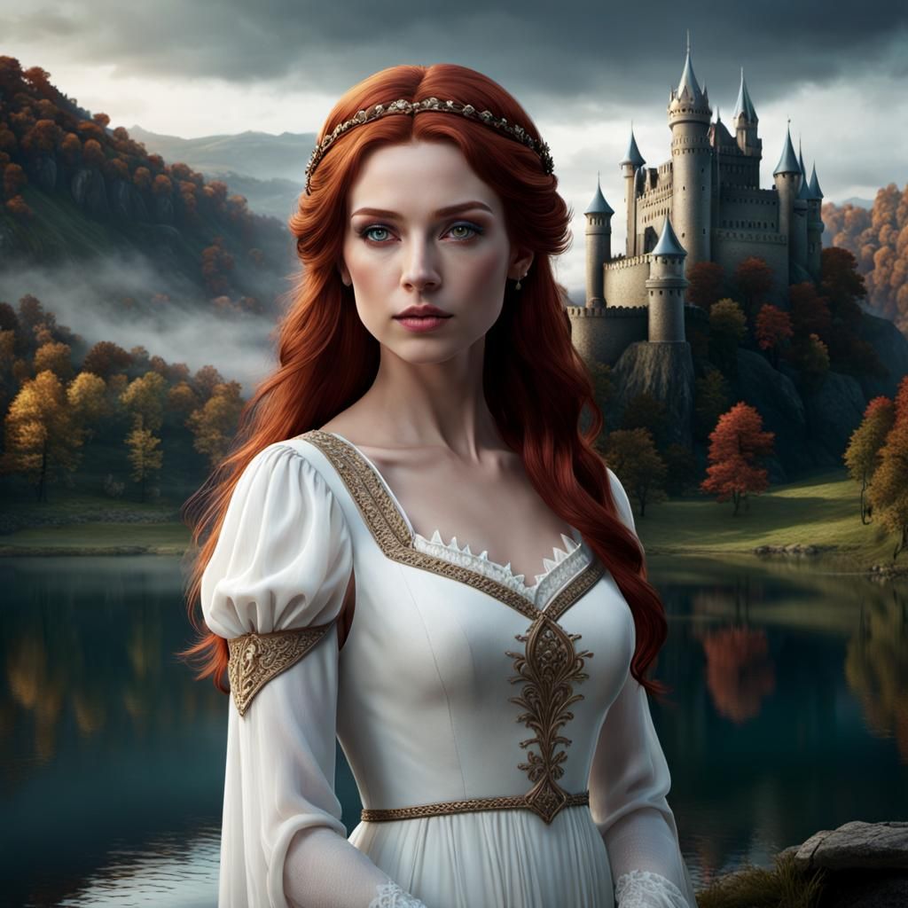 Ghostly Woman by Lake with Castle, Matte Painting