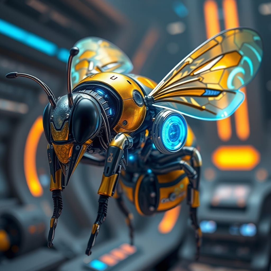 high tech insect robot bumble bee , micro zoom lens 4k resolution, hyper robot,