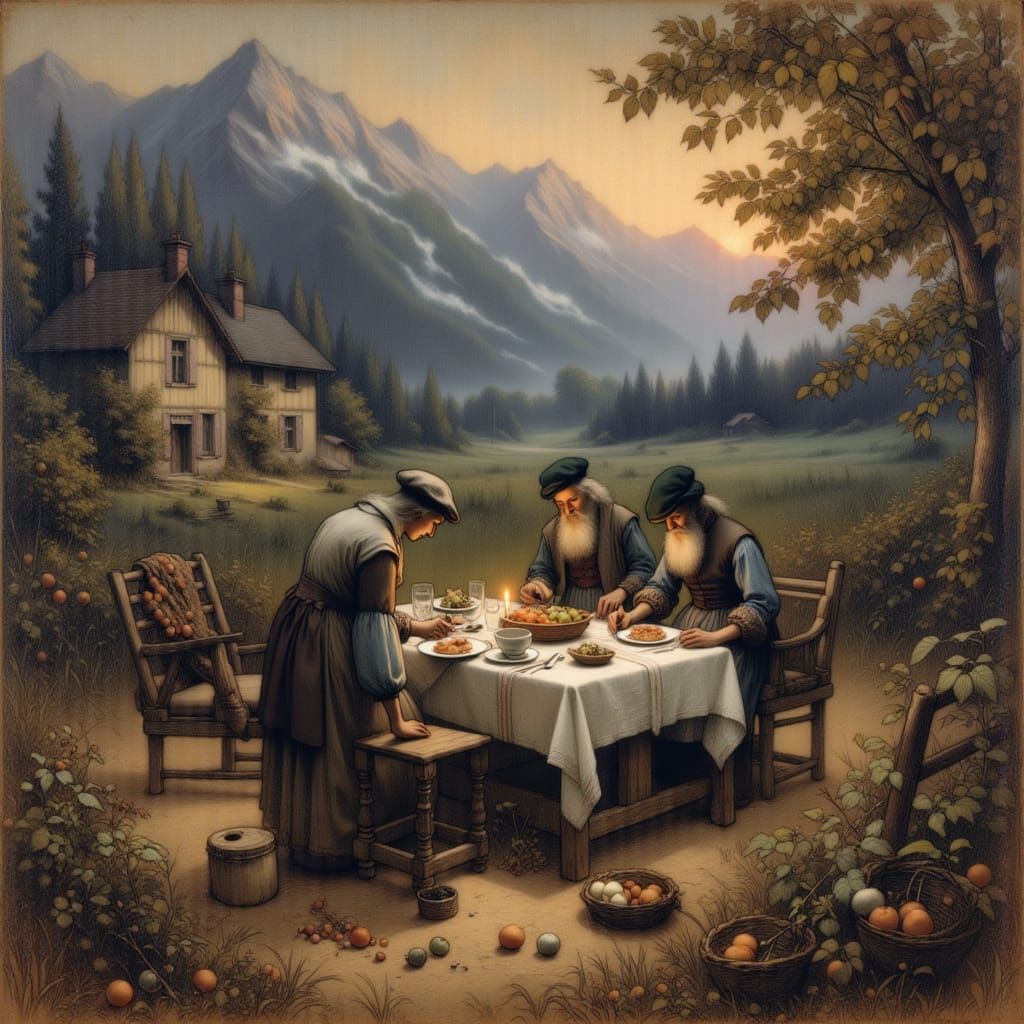 Biedermeier Mountain Dinner Scene by Anton Zwengauer