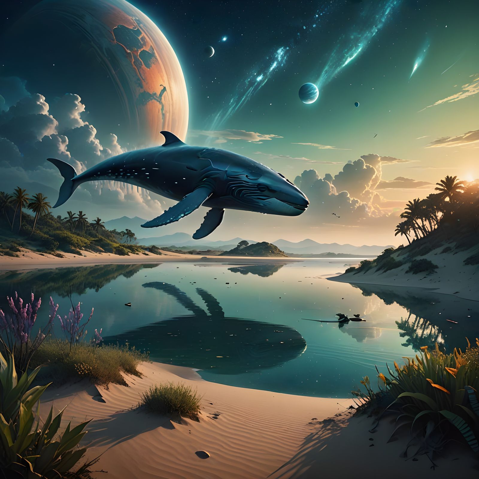 Mysterious Tropical Planet with Whale in Orbit