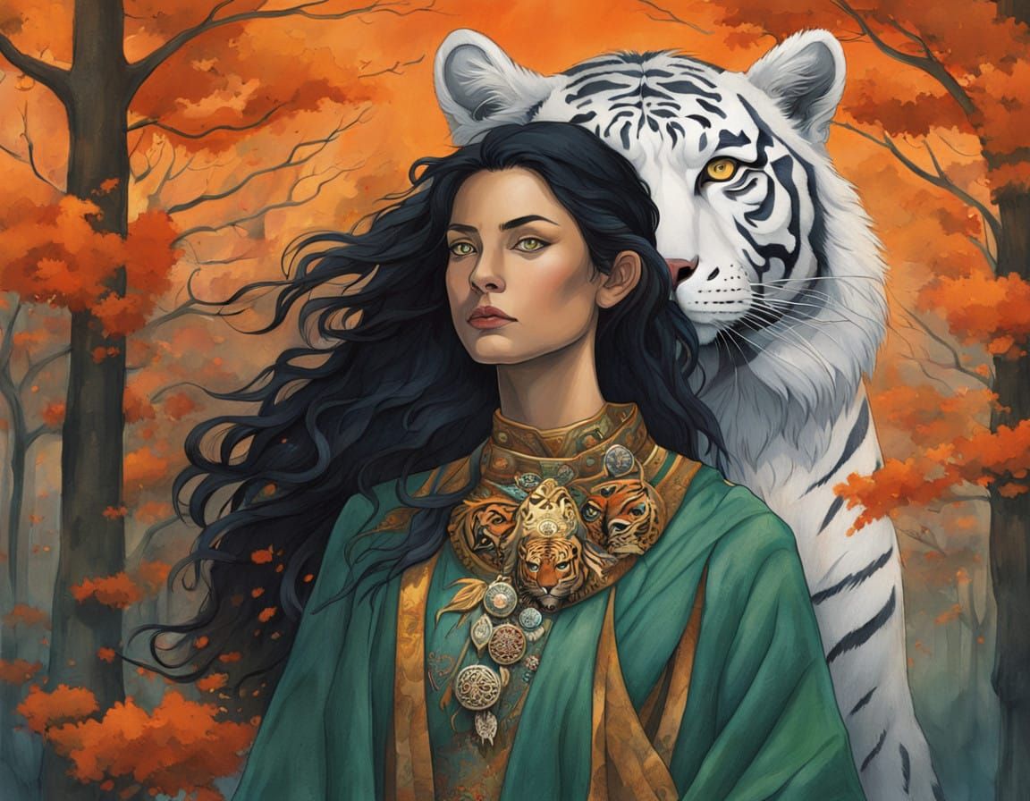 Woman Warrior Embraced by Majestic Tiger in Celtic-Inspired....