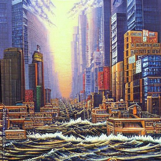Metropolis Overwhelmed by Tsunami: Oil Painting