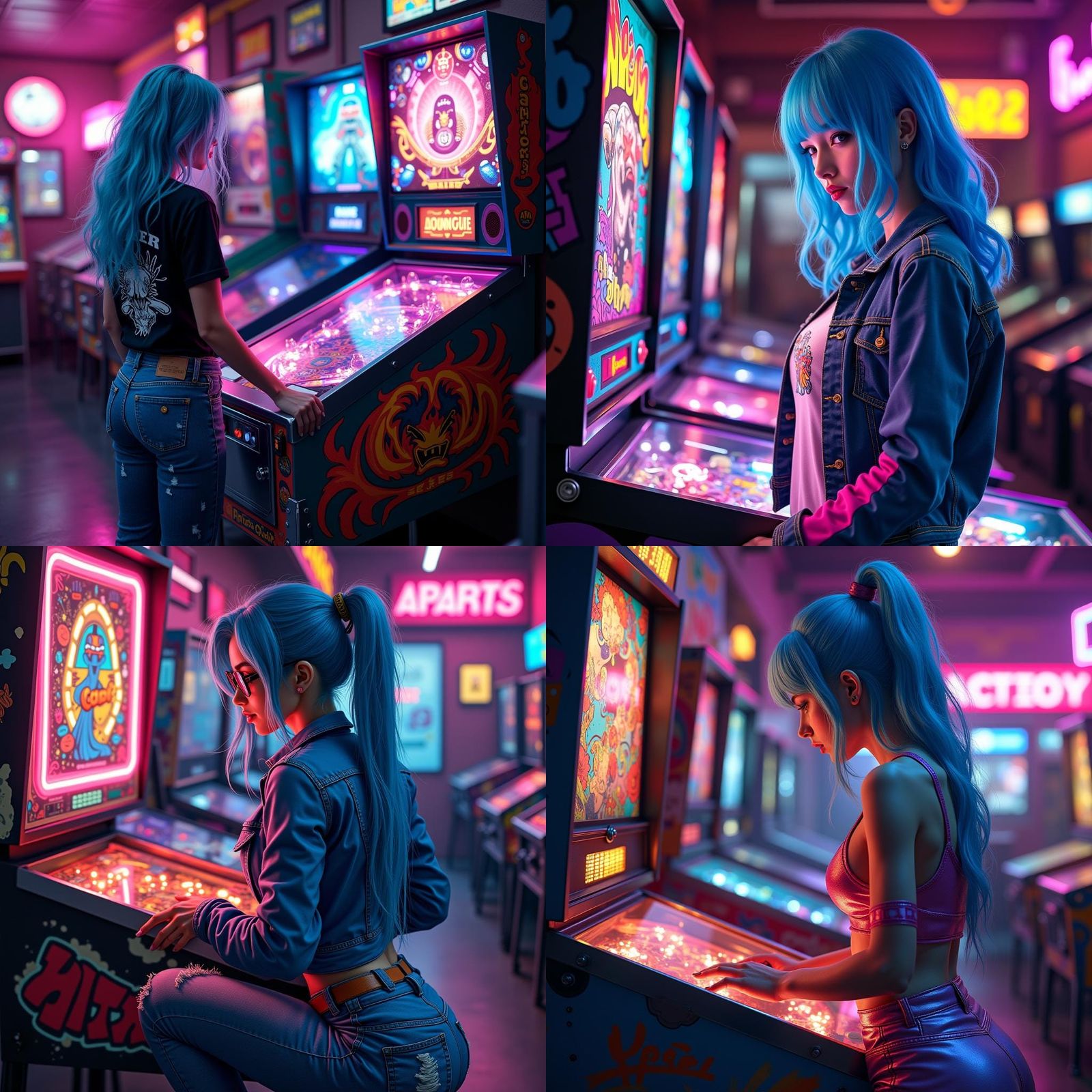 Blue-Haired Woman Playing Pinball in Neon Arcade