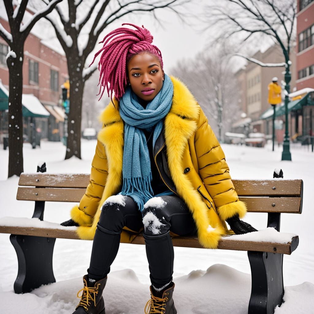Vibrant Black Woman Battles the Wind in a Whimsical Winter W...