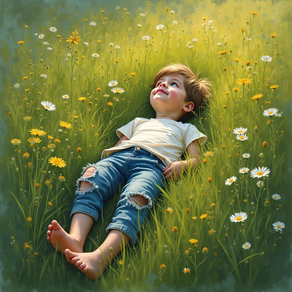 Boy in Meadow, Impressionistic Style