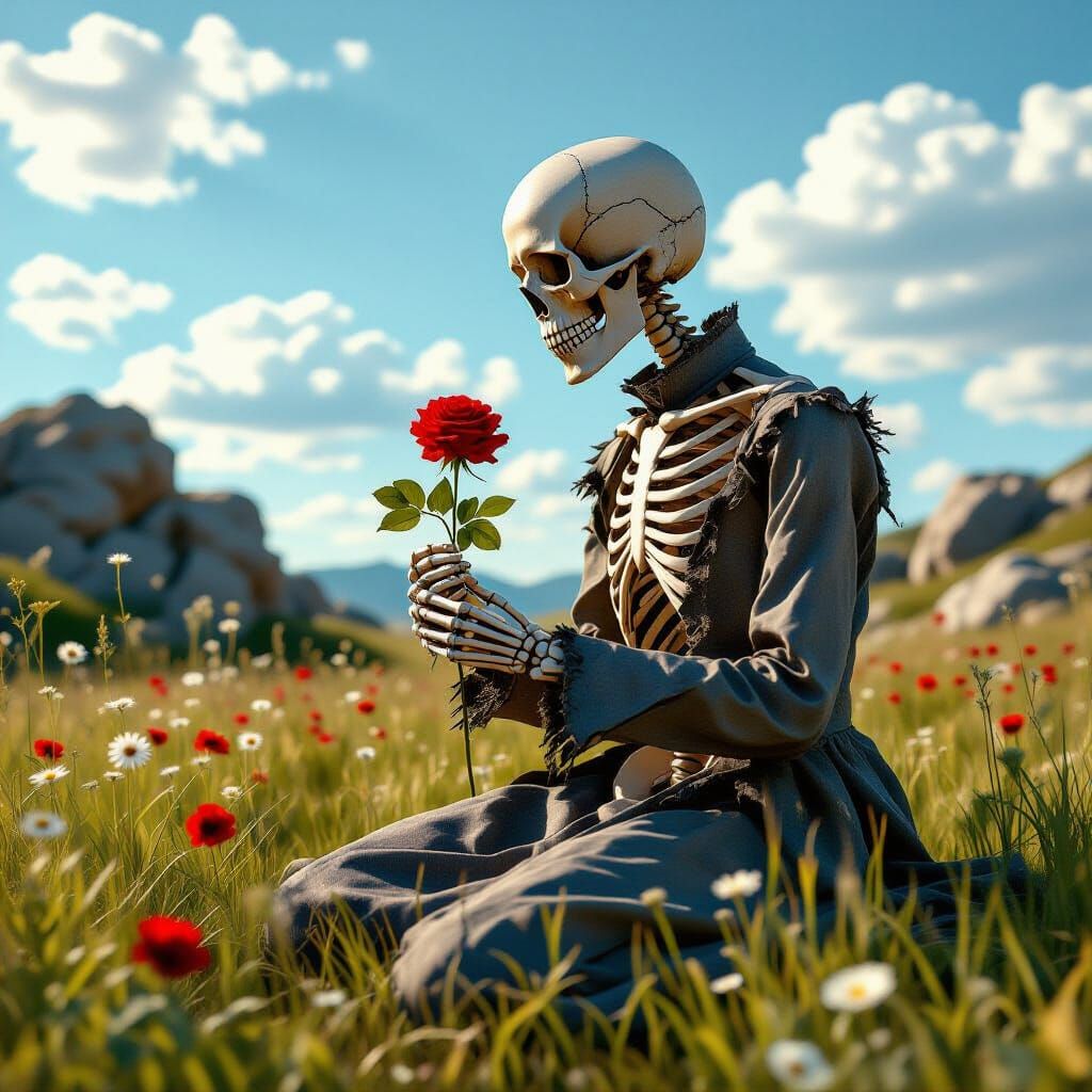 Skeleton in Victorian Dress with Rose