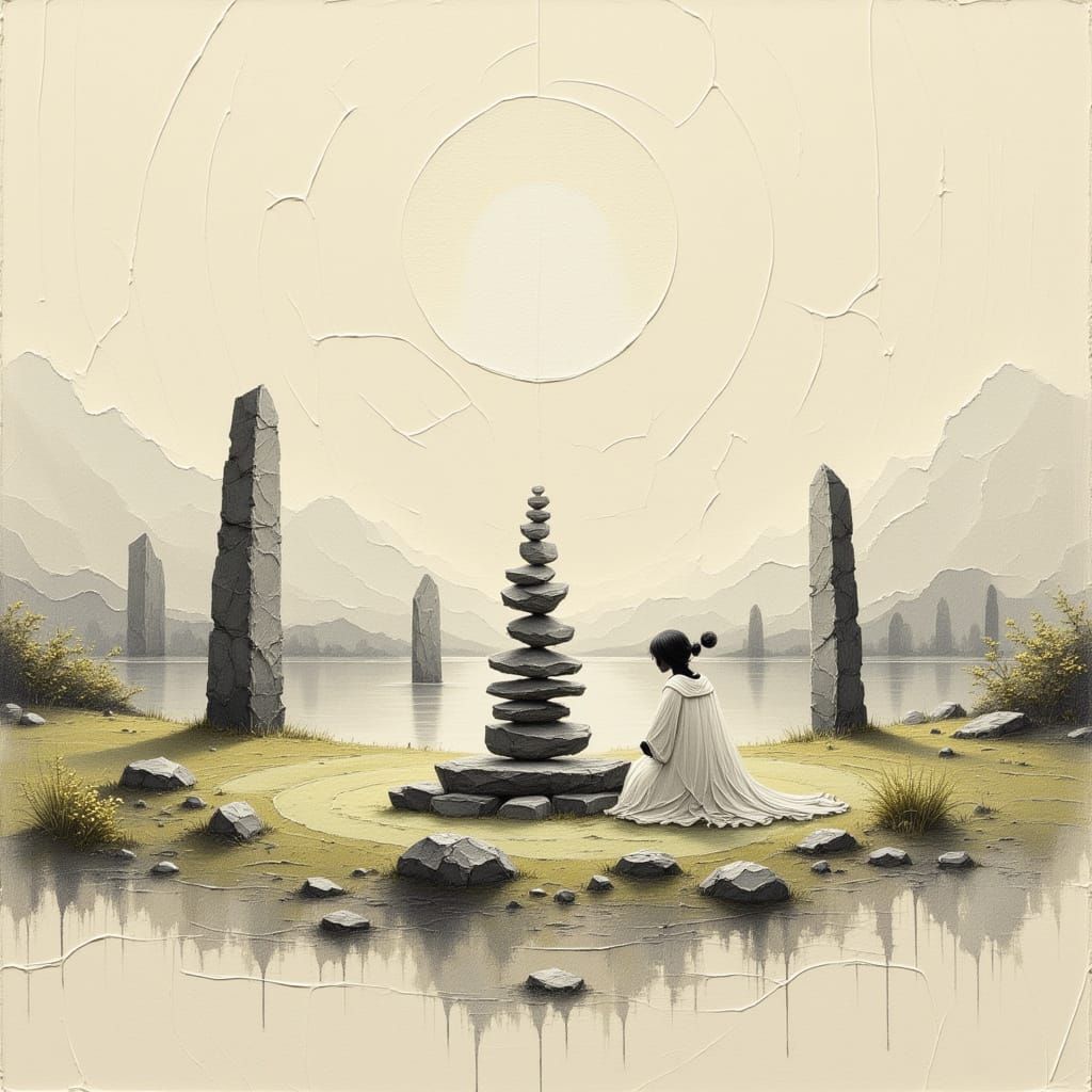 Standing Stones Circle in Scottish Landscape, Pencil Drawing