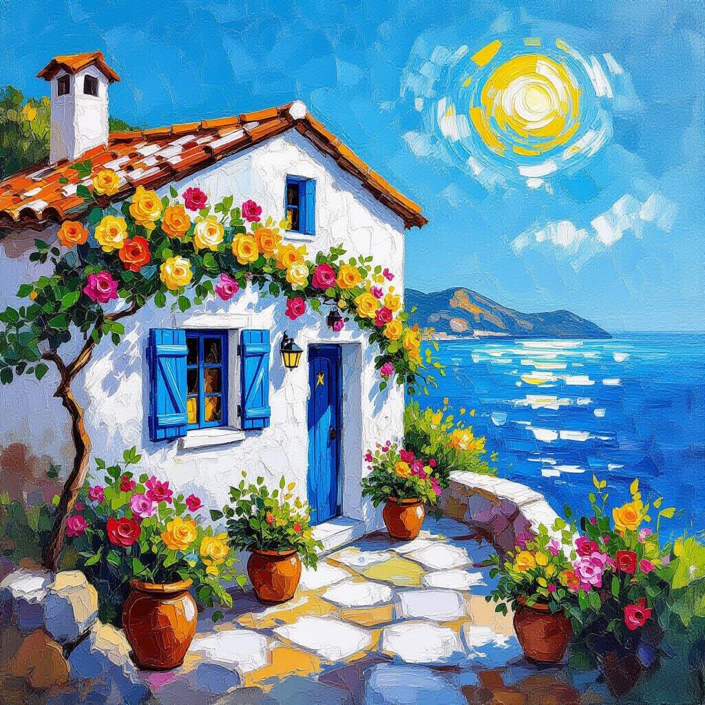 Mediterranean Stone House with Flowers as Impasto Painting