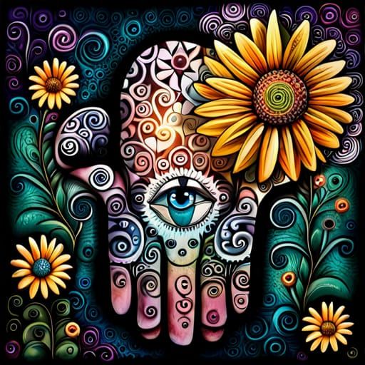 Psychedelic Hamsa Hand Mixed Media Art