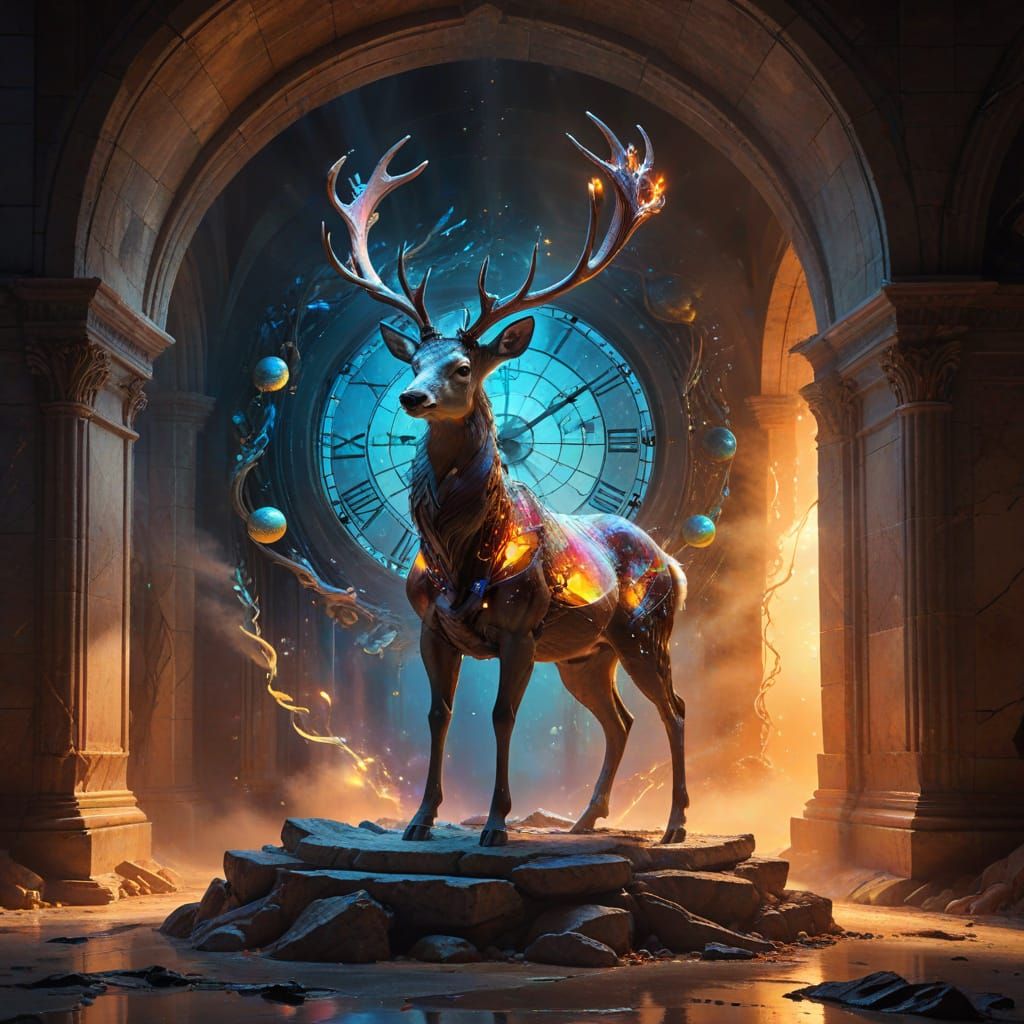 Clockwork Deer in Crumbling Temple with Planets
