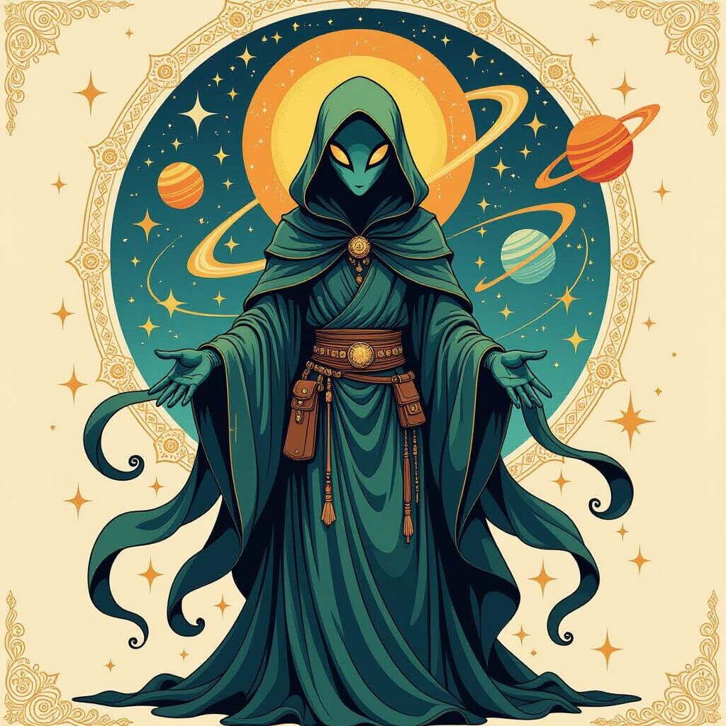 Cosmic Alien Figure in Dreamlike Symbolist Style