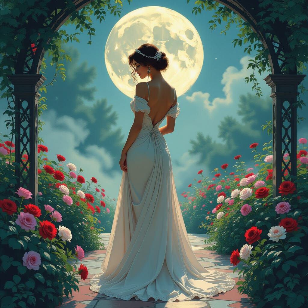Melancholic Woman in Moonlit Garden, Art Nouveau Style
