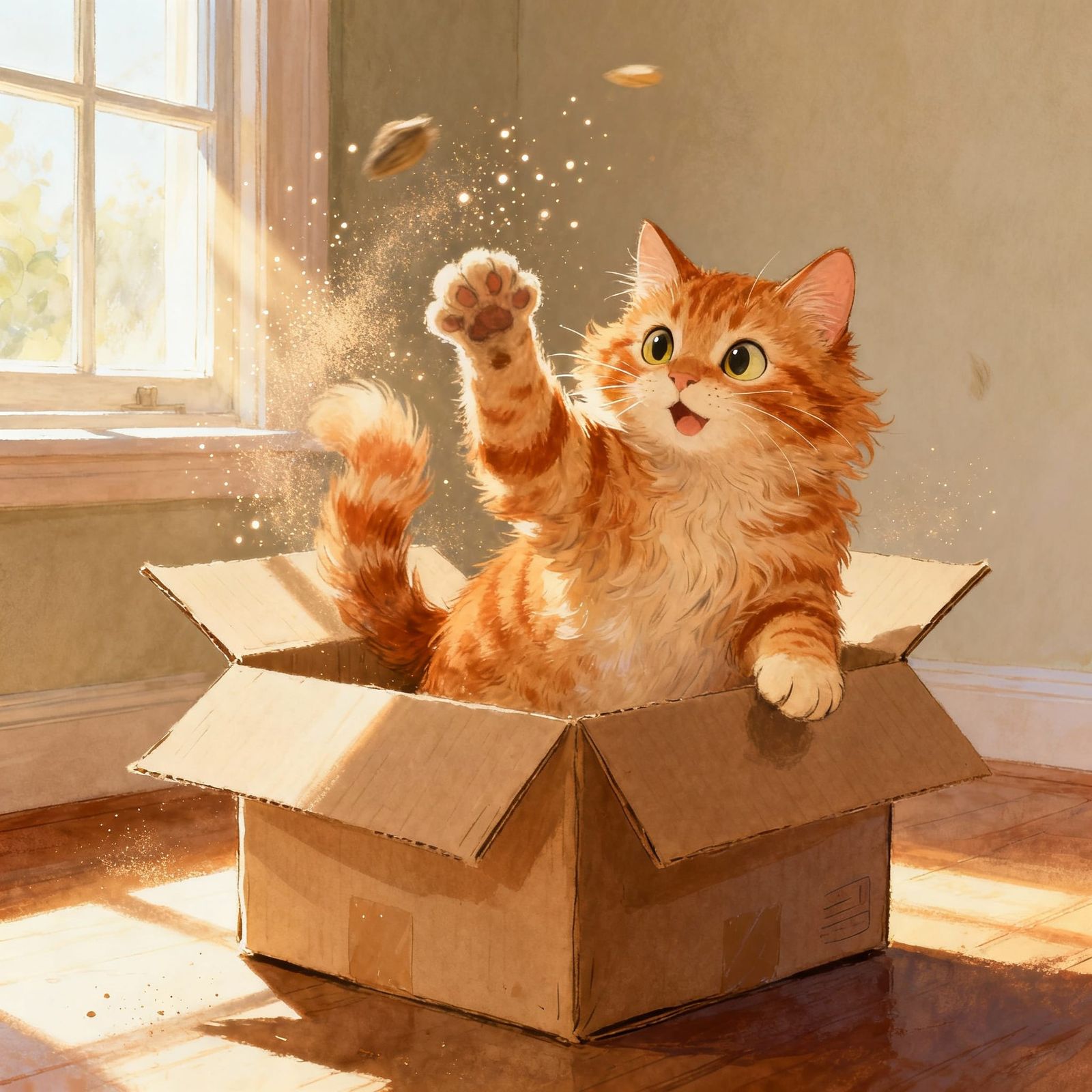 Ginger Cat Joyfully Plays in Cardboard Box
